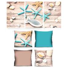 Conjunto com 3 Quadros Decorativos e 4 Capas de Almofada Mar Bege