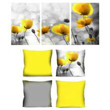 Conjunto com 3 Quadros Decorativos e 4 Capas de Almofada Papoulas Amarelo