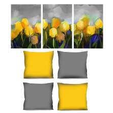 Conjunto com 3 Quadros Decorativos e 4 Capas de Almofada Tulipa Amarelo