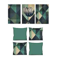 Conjunto com 3 Quadros Decorativos e 4 Capas de Almofada Tulipa Azul