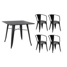 Conjunto mesa Tolix 80 cm + 4 cadeiras Tolix com Braço - Preto