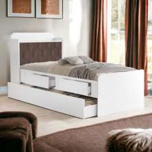 Cama Tamires Baú Branco Com Auxiliar E Capitonê Nogal
