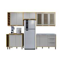 Cozinha Completa 6 Peças Detalhe Vidro Itália Valdemóveis - Conj. Toalheiro c/ Nicho Adega - Aereo Geladeira - Aereo 3 pts com Vidro - Balcao 3 gvts p/ Pia Cinamomo/Off White