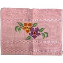 Toalha Lavabo Ponto Cruz com Borbado da Vovó Alice Flores Rosa