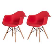 Kit 2 Cadeiras Eiffel Eames DAW c/Braço Vermelha Base Madeira Sala Cozinha Jantar