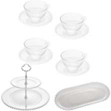 4 Xícaras de Chá Pires 180ml Travessa 30x15cm Prato 2 Andares para Doces Mesa Posta Coffee Break