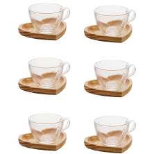 Conjunto de 6 Xícaras de Chá com Pires em Formato de Coração Woodart Transparente e Madeira 190ml