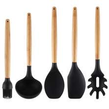 Jogo 5 Talheres De Silicone Com Cabos Em Bambu Concha Espátula Colher Pegador De Massa E Pincel Yoi