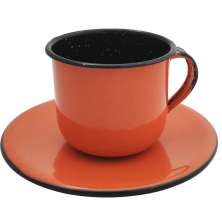 Caneca Esmaltada Xícara Com Pires Para Chá Café 180ml Laranja