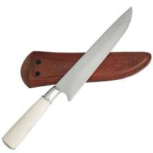 Faca Churrasco 8' Aço Inox 420 Bainha Couro Cabo Osso de Avestruz