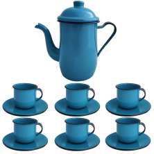 Kit Bule De Café E Chá Com 6 Xícaras e Pires Aço Esmaltado Azul