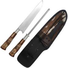 Kit Churrasco Amolador Faca 8'' Cabo Coqueiro Bainha Couro