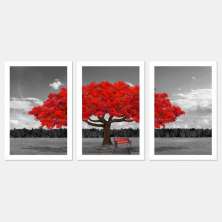 Quadro Outono Vermelho Moldura Branca 3 Peças
