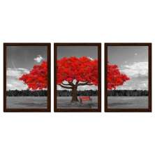 Quadro Outono Vermelho Moldura Tabaco 3 Peças