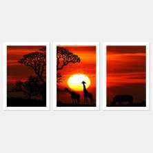 Quadro Por do Sol Africano Moldura Branca 3 Peças