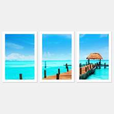 Quadro Praia 01 Moldura Branca 3 Peças