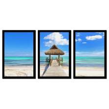 Quadro Praia 02 Moldura Preta 3 Peças