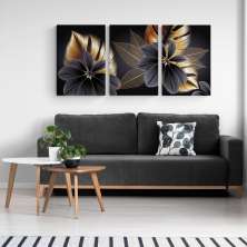 Quadros Flores 3D Preto e Dourado M 3 Borda Infinita