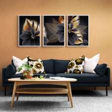 Quadros Flores 3D Preto e Dourado M 3 Moldura Branca