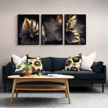 Quadros Flores 3D Preto e Dourado M 3 Moldura Preta