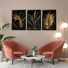 Quadros Folhagens Verde Preto Dourado M 3 Moldura Preta