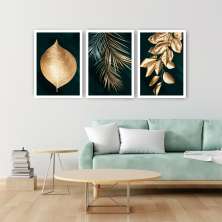 Quadros Folhas Folhagens Verde e Dourado M 3 Moldura Branca