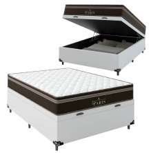 Cama Box Baú Casal + Colchão Paris Molas Ensacadas Pocket - 66x138x188cm - Couro Branco