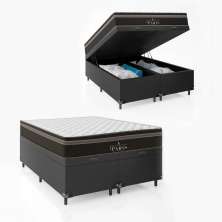 Cama Box Baú Casal Bipartido + Colchão Paris Molas Ensacadas Pocket - 66x138x188cm - Couro Preto
