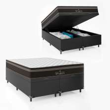 Cama Box Baú Queen Bipartido + Colchão Paris Molas Ensacadas Pocket - 66x158x198cm - Couro Preto