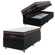Cama Box Baú Solteiro + Colchão Paris Molas Ensacadas Pocket - 66x88x188cm - Couro Preto