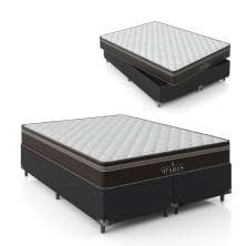 Cama Box Queen Bipartido + Colchão Paris Molas Ensacadas Pocket - 61x158x198cm - Couro Preto